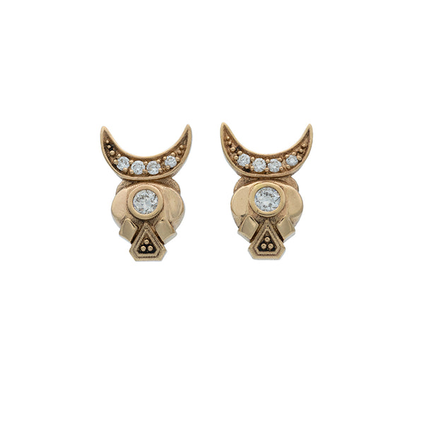 diamond set earrings crescent moon crown on skull