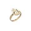 Side view of a gold ring featuring a sculpted sailing ship atop the band.