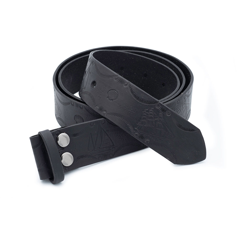 hand stamped black leather belt with ship detail
