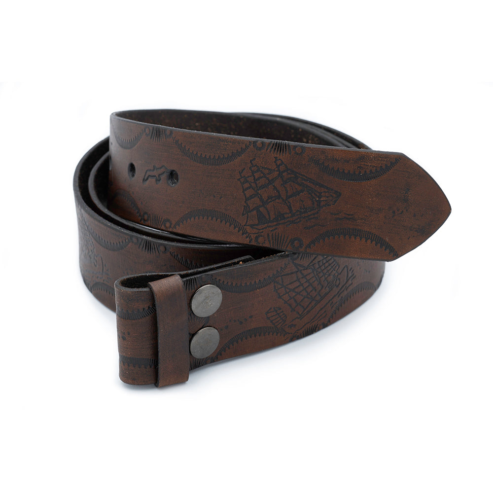hand stamped leather belt buckle ships at sea patterns brown leather