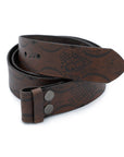 hand stamped leather belt buckle ships at sea patterns brown leather