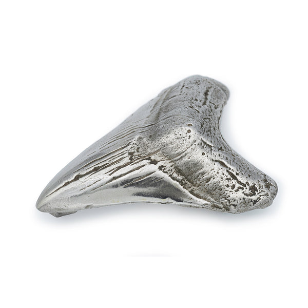 A silver megaladon shark tooth belt buckle.