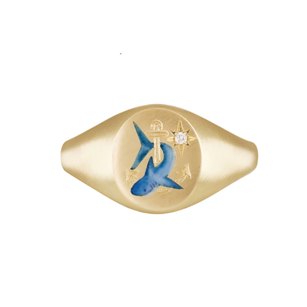 18k signet ring with hand painted enamel shark, hand engraved anchor and diamond ring