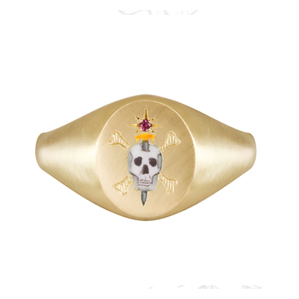 18k gold signet with hand engraved skull, enamel and ruby