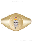 18k gold signet with hand engraved skull, enamel and ruby