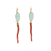 Aqua marine colored oval stones set in gold with red stick coral hanging from gold caps.  
