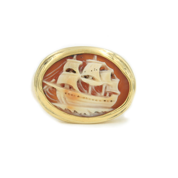 gold ring with ship cameo set horizontally