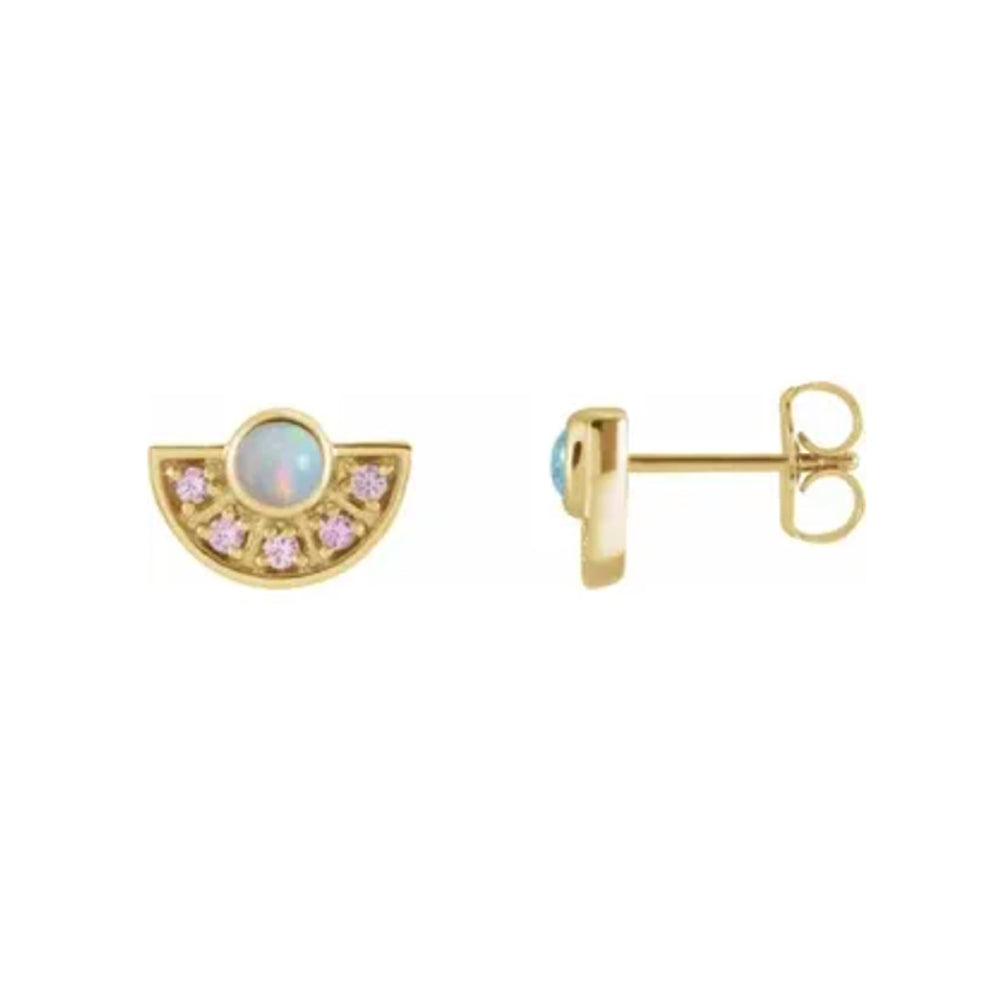 14 karat gold fan shaped studs with opal cabachon and sapphires