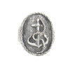 An oval silver ring with an anchor and rope detail.
