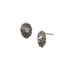 A pair of silver limpet shell earrings with white diamonds set in the center.