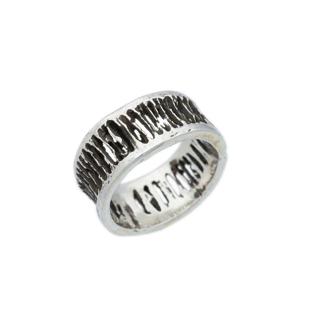 oxidized silver ring carved from shark vertebrae