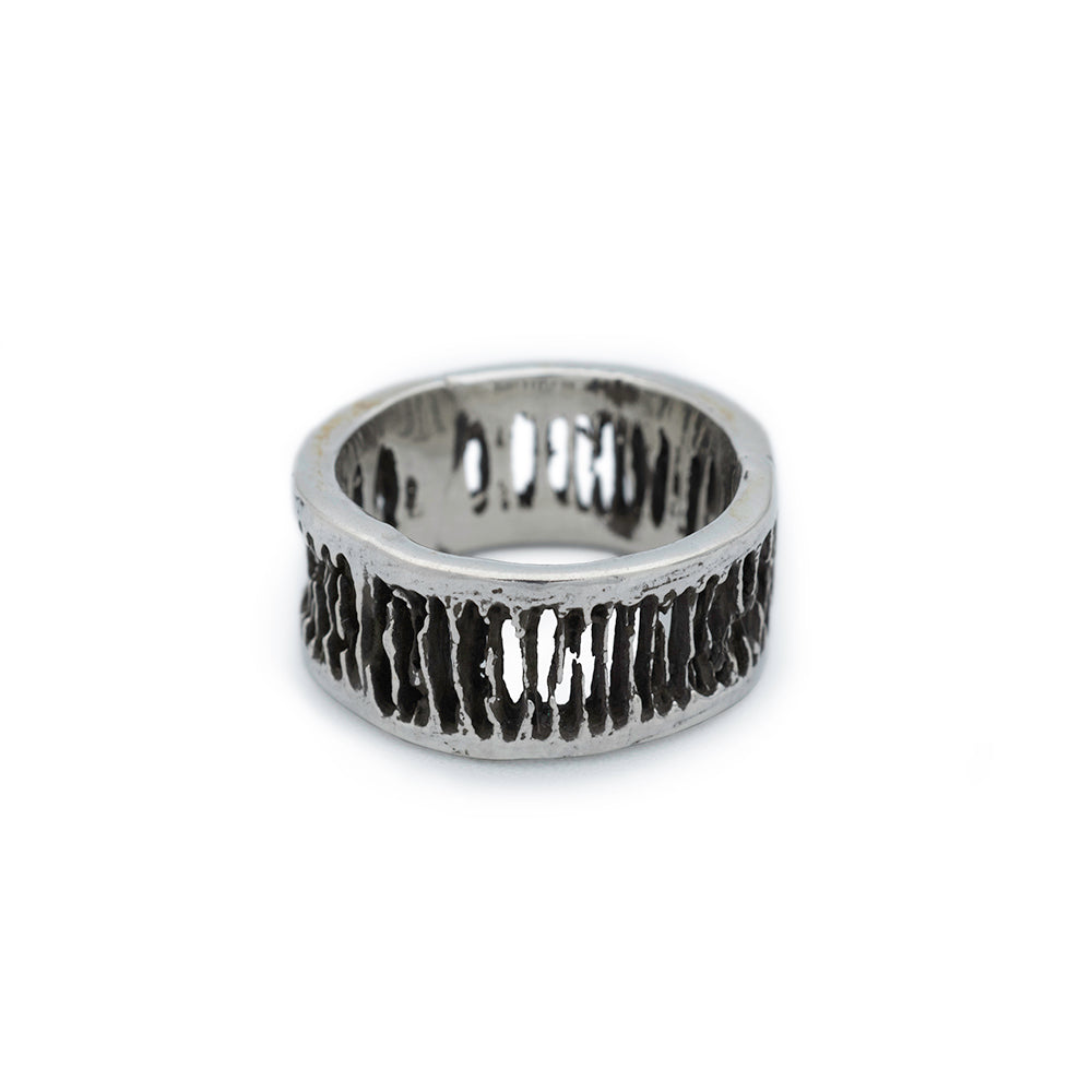 oxidized silver ring carved from shark vertebrae