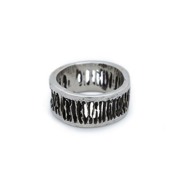 oxidized silver ring carved from shark vertebrae